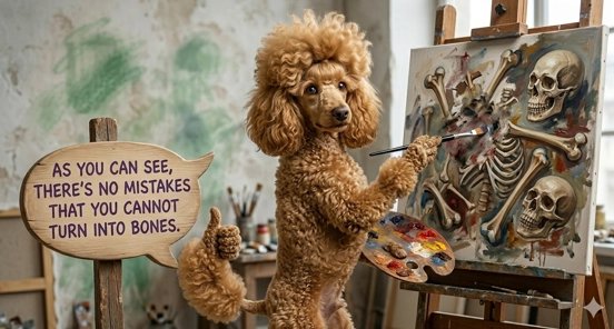AI-generated version: a poodle painting a skeleton with the same caption