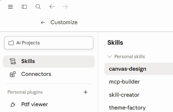 The Skills panel under Customize in the Claude app, listing personal skills